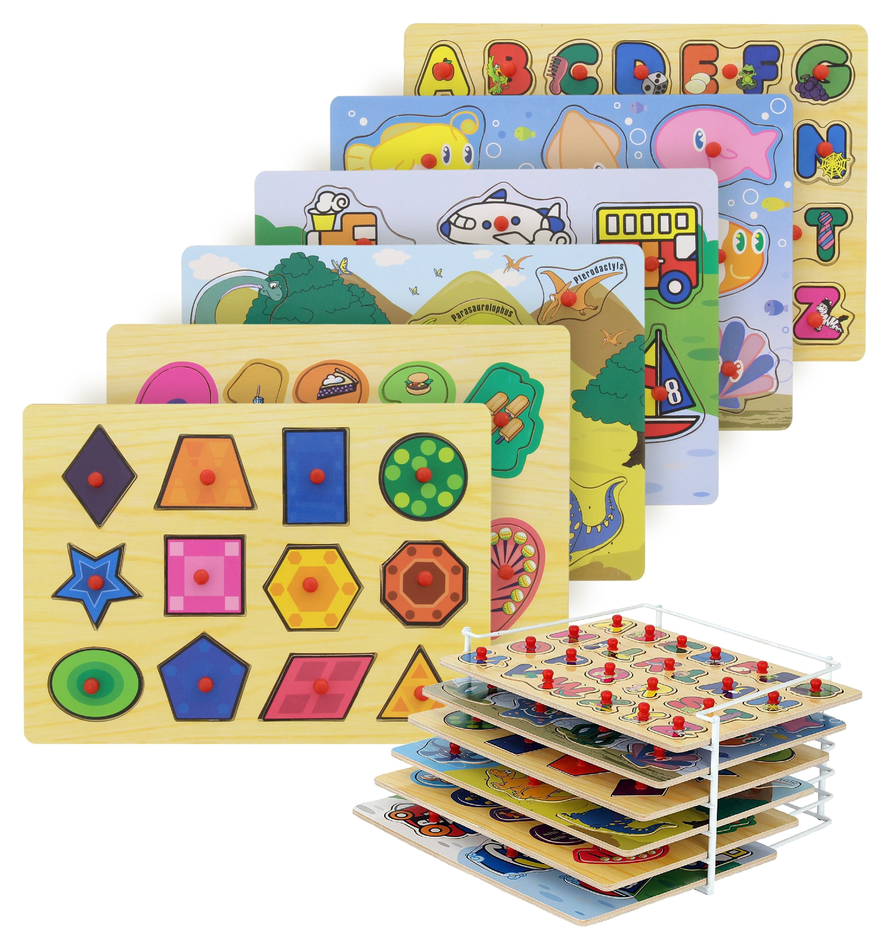 Wooodlify wooden puzzles for toddlers 1-3 with rack - 6 pack