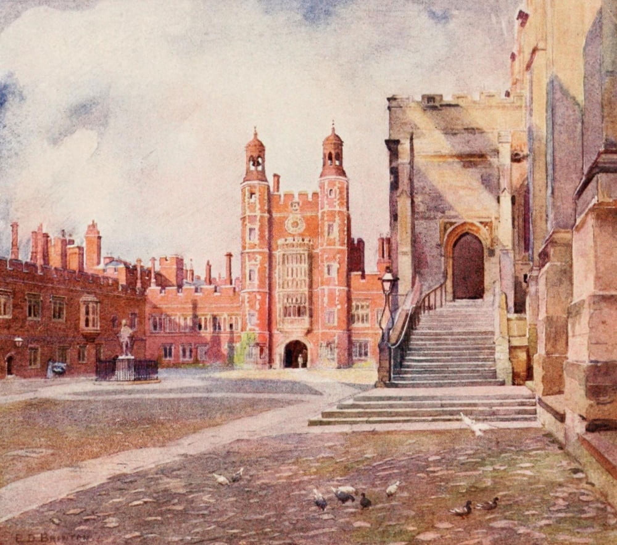 Eton 1909 Schoolyard Chapel Steps & Luptons Tower Canvas Art - ED Brinton (24 x 36)