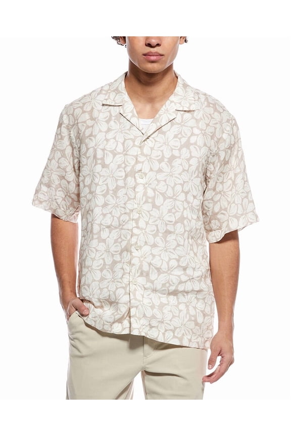mens Big Floral Linen Resort Shirt, XXL, Brown