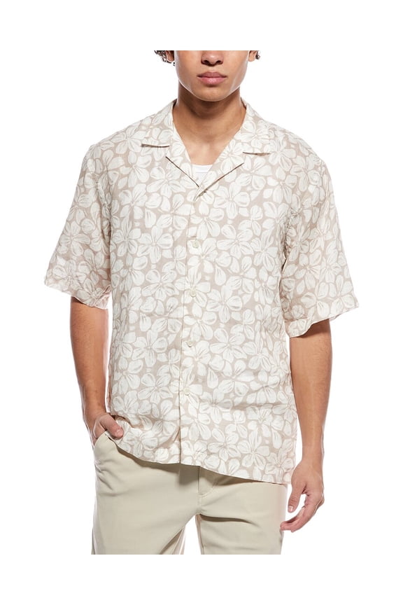 mens Big Floral Linen Resort Shirt, m, Brown