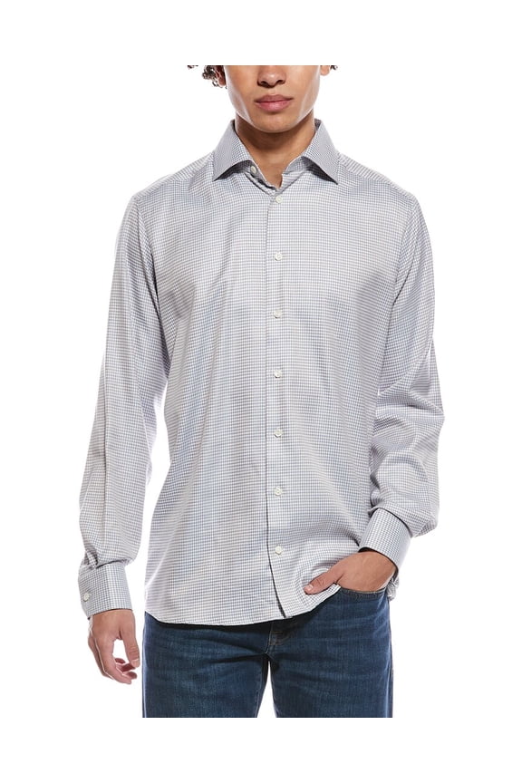 mens Check Melange Signature Twill Contemporary Fit Shirt, 43, Blue