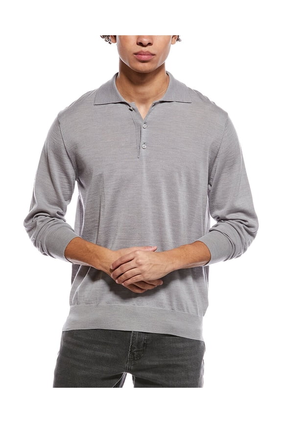 mens  Fine Knit Wool Polo Shirt, l, Grey