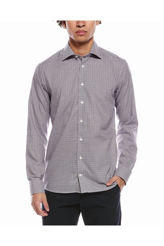 mens Micro Check Fine Twill Slim Fit Shirt, 44, Brown