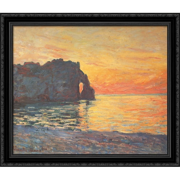 Etretat, Cliff of d`Aval, Sunset 32x28 Large Black Ornate Wood Framed Canvas Art by Claude Monet