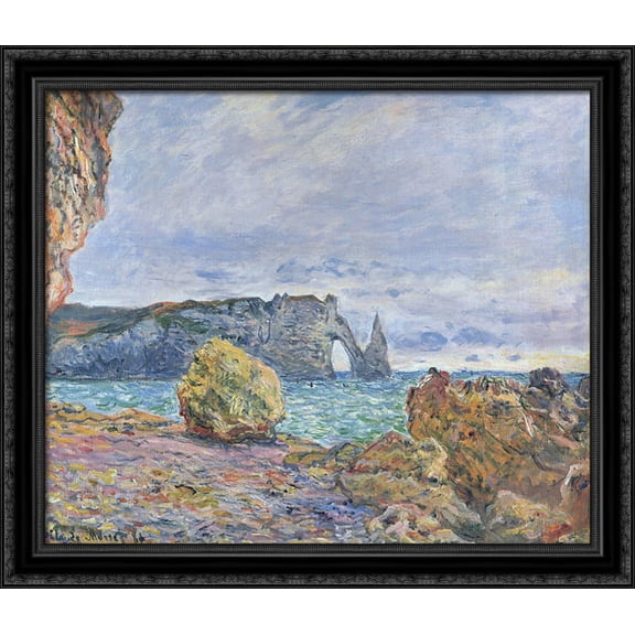 Etretat, the Beach and the Porte d'Aval 34x28 Large Black Ornate Wood Framed Canvas Art by Claude Monet