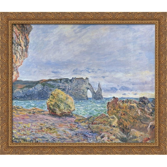 Etretat, the Beach and the Porte d'Aval 34x28 Large Gold Ornate Wood Framed Canvas Art by Claude Monet