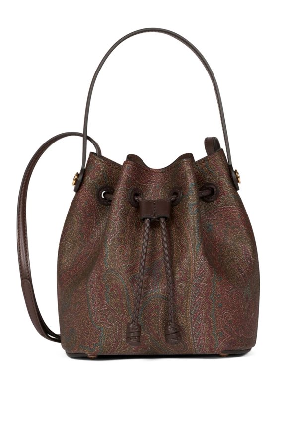 Women's Small Bucket Bag With Paisley Pattern And Drawstring Closure Black