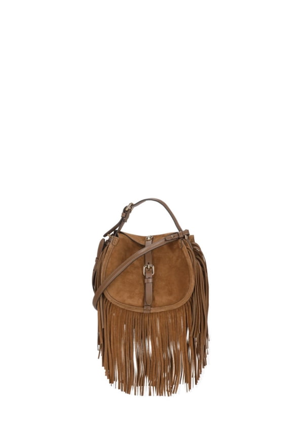 Women's Suede Leather Pony Shoulder Bag With Fringed Detail Brown