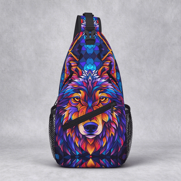 Etryrt Stained Glass Wolf Print Sling Bag, Crossbody Daypack for Travel and Work
