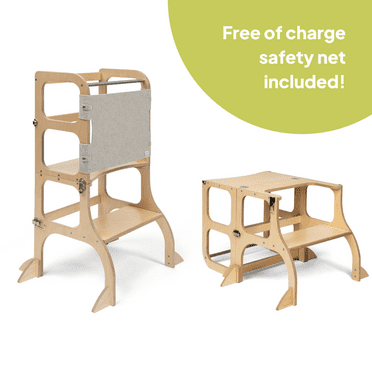 Ette Tete STEP'n'SIT® • Montessori Helper Tower - Table • Convertible 2-in-1 with support legs (with silver clasps, wooden)