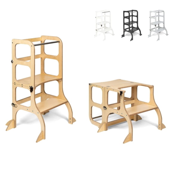 Ette Tete STEP'n'SIT® • Montessori Helper Tower - Table • Convertible 2-in-1 with support legs (with silver clasps, wooden)