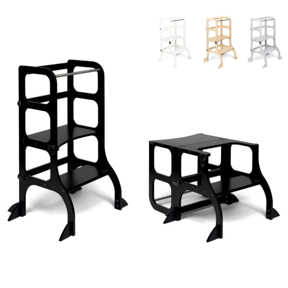 Ette Tete STEP'n'SIT® • Montessori Helper Tower - Table • Convertible step stool 2-in-1 with support legs (with black clasps, black)
