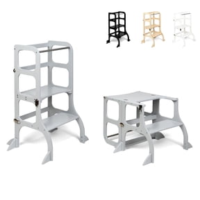 Ette Tete STEP'n'SIT® • Montessori Helper Tower - Table • Convertible step stool 2-in-1 with support legs (with silver clasps, gray)