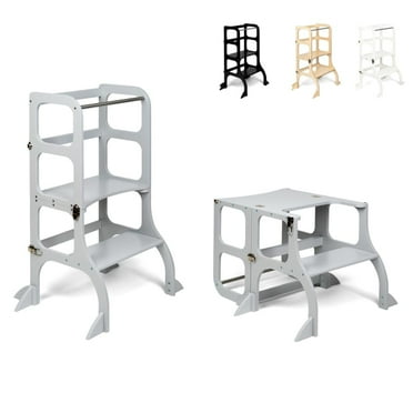 Ette Tete STEP'n'SIT® • Montessori Helper Tower - Table • Convertible step stool 2-in-1 with support legs (with silver clasps, gray)