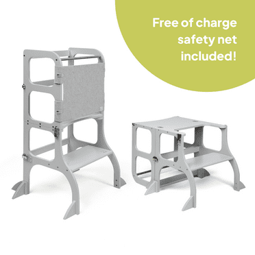 Ette Tete STEP'n'SIT® • Montessori Helper Tower - Table • Convertible step stool 2-in-1 with support legs (with silver clasps, gray)