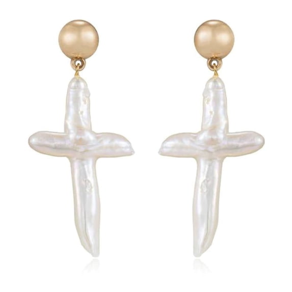 Ettika Gold Earrings for Women. Pearl Earrings, Organic Freshwater Pearl Cross And 18k Gold Plated Stud Dangle Earrings. Jewelry C87