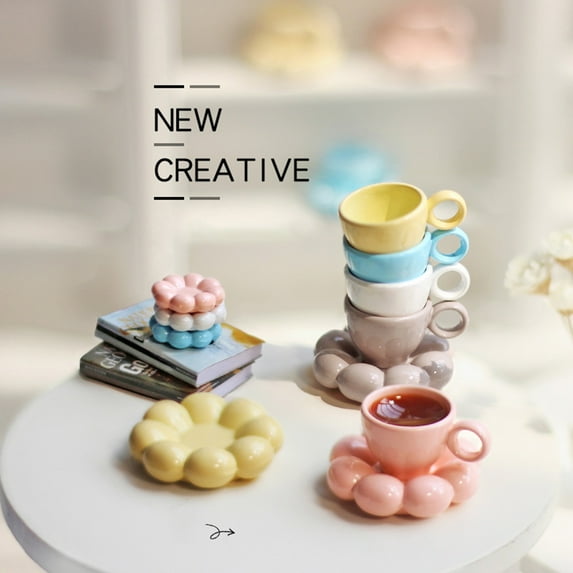 Ettsollp 1 Set Dollhouse Cup 3D Shape Realistic Alloy Miniature Tea Cup with Flower Saucer Play House Toy for Micro Landscape