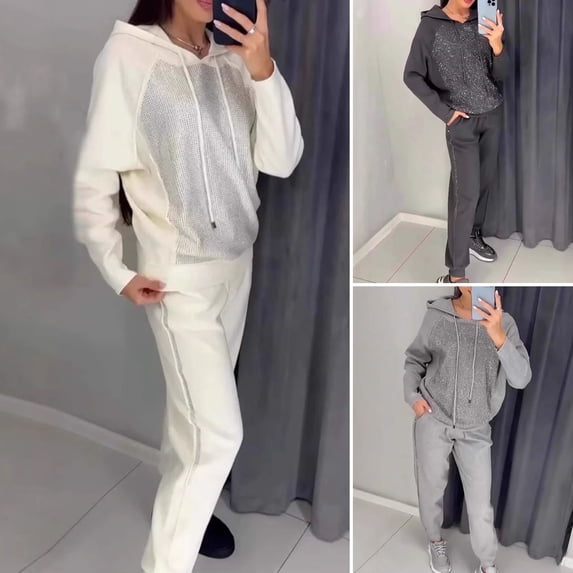 Ettsollp 2 Pcs/Set Women Hoodie Pants Suit Rhinestone Decor Long Sleeves Patchwork Sport Sweatshirt Elastic Waist Trousers Fitness Outfit Fall Spring Tracksuit