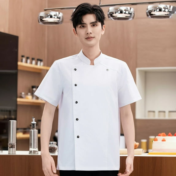 Ettsollp Chef Clothes Stand Collar Short Sleeve Single-Breasted Men Women Chef Uniform Breathable Solid Color Design Chef Suit