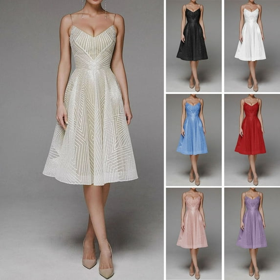 Ettsollp Evening Dress V Neck A-line Slim Waist High Waist Strappy Dress Bing Swing Backless Sleeveless Embroidery Slip Dress for Prom Party