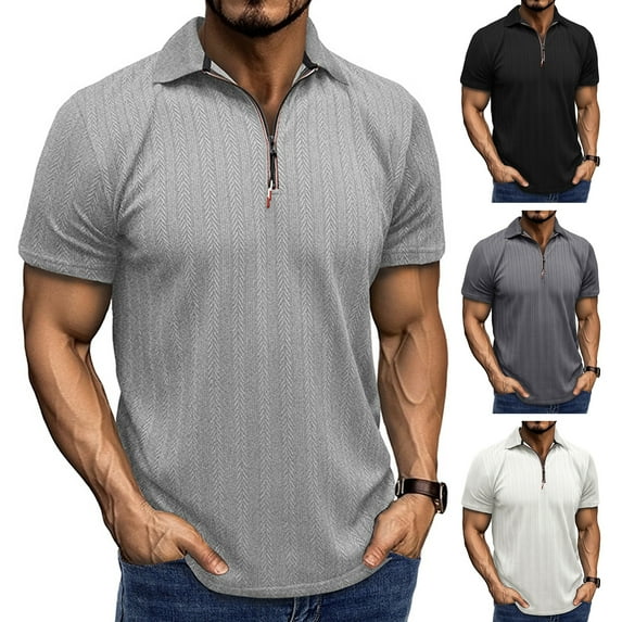 Ettsollp Men Summer Shirt Thin Short Sleeve Zippered Lapel Top Jacquard Pullover Loose Shirt for Commuting Travel Outdoor