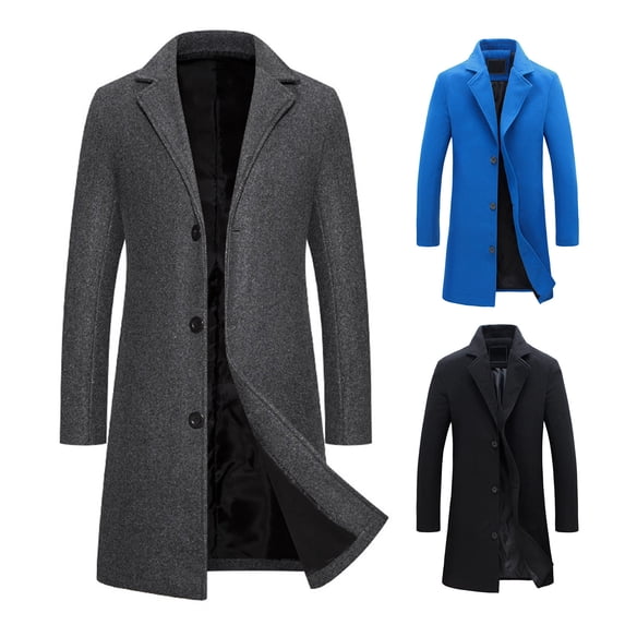 Ettsollp Men Woolen Coat Notch Lapel Long Sleeve Single Breasted Jacket Solid Color Windproof Business Casual Overcoat