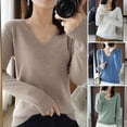 thumbnail image 1 of Ettsollp Women Sweater V-Neck Long Sleeve Solid Color Knit Tops Regular Fit Elastic Jumper Tops Elastic Knitwear, 1 of 8
