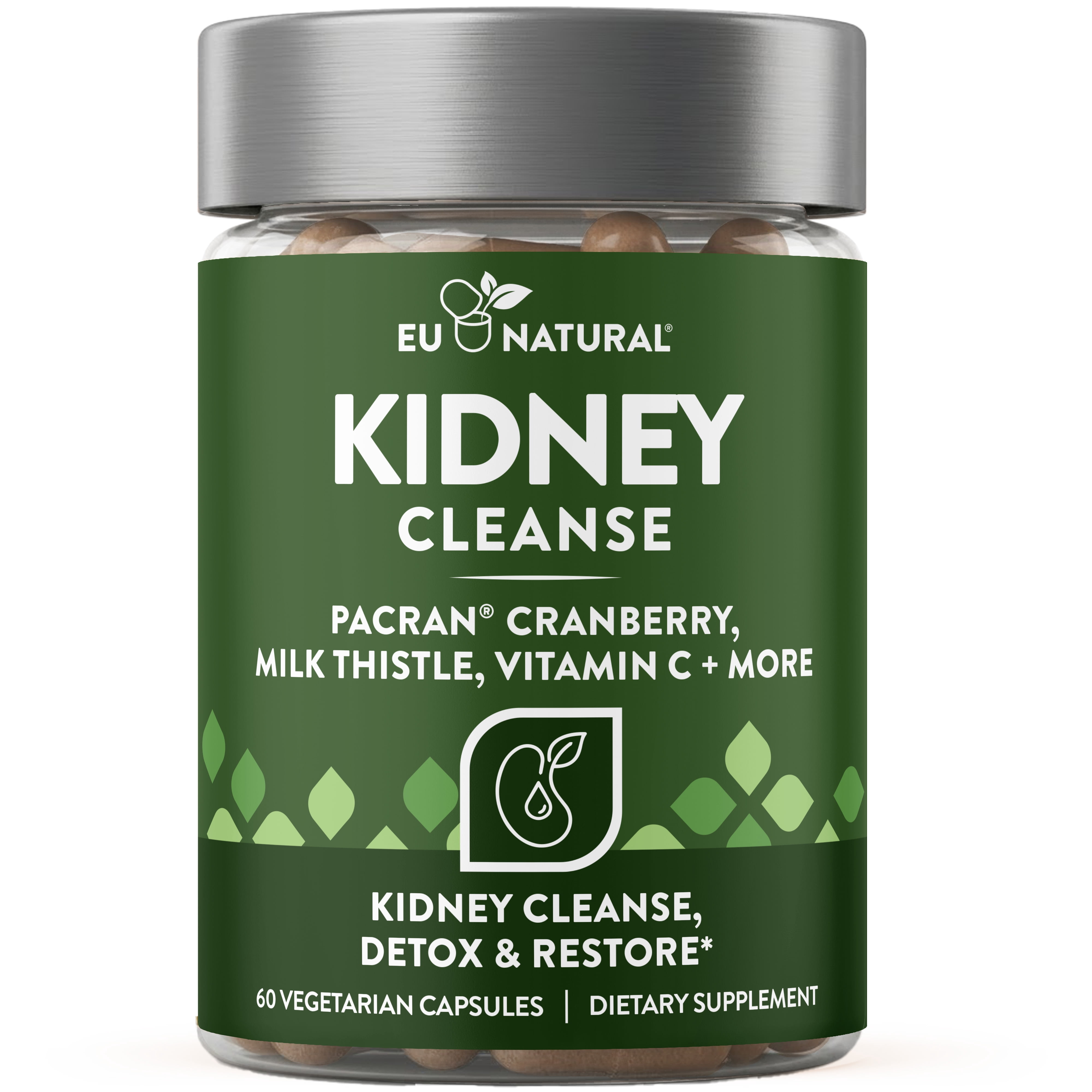 Eu Natural Kidney Cleanse Detox Supplement - Advanced Kidney Support Formula with Cranberry Pacran, Dandelion Root, Turmeric & Milk Thistle - 60 Capsules