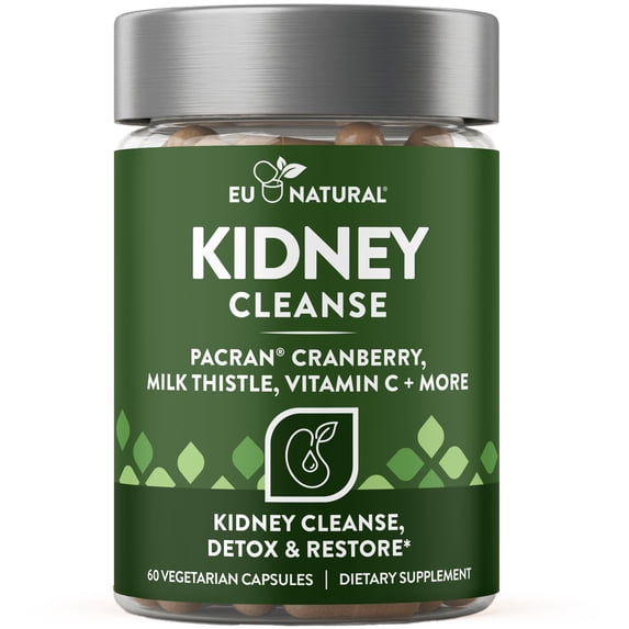 Eu Natural Kidney Cleanse Detox Supplement - Advanced Kidney Support Formula with Cranberry Pacran, Dandelion Root, Turmeric & Milk Thistle - 60 Capsules