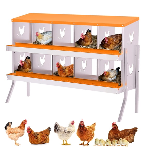 EuKer 10-Holes Chicken Nesting Box with Bracket, Heavy-Duty Metal Laying Boxes for Backyard, Farms, Chicken Coop, Orange