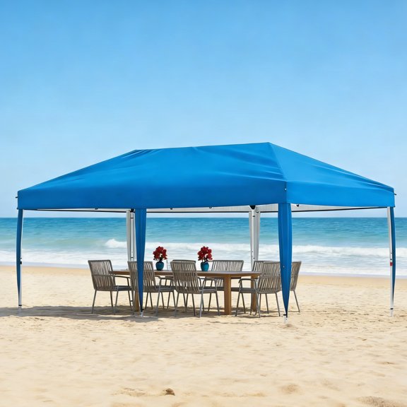 EuKer 10 x 20 ft Pop-Up Canopy Tent, Heavy Duty Canopy with Adjustable Heights and Portable Roller Bag for Outside, Blue