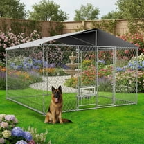 EuKer 10x10 ft Large Outdoor Dog Kennel with Waterproof Cover and Feeding Door for Medium/Large Dogs, Silver