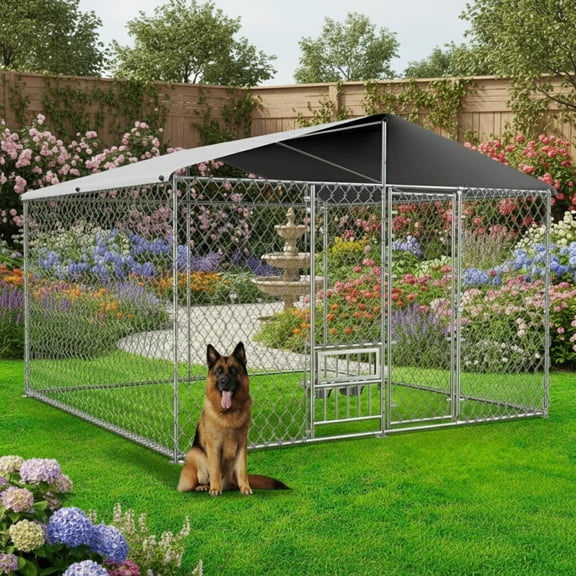 EuKer 10x10 ft Large Outdoor Dog Kennel with Waterproof Cover and Feeding Door for Medium/Large Dogs, Silver