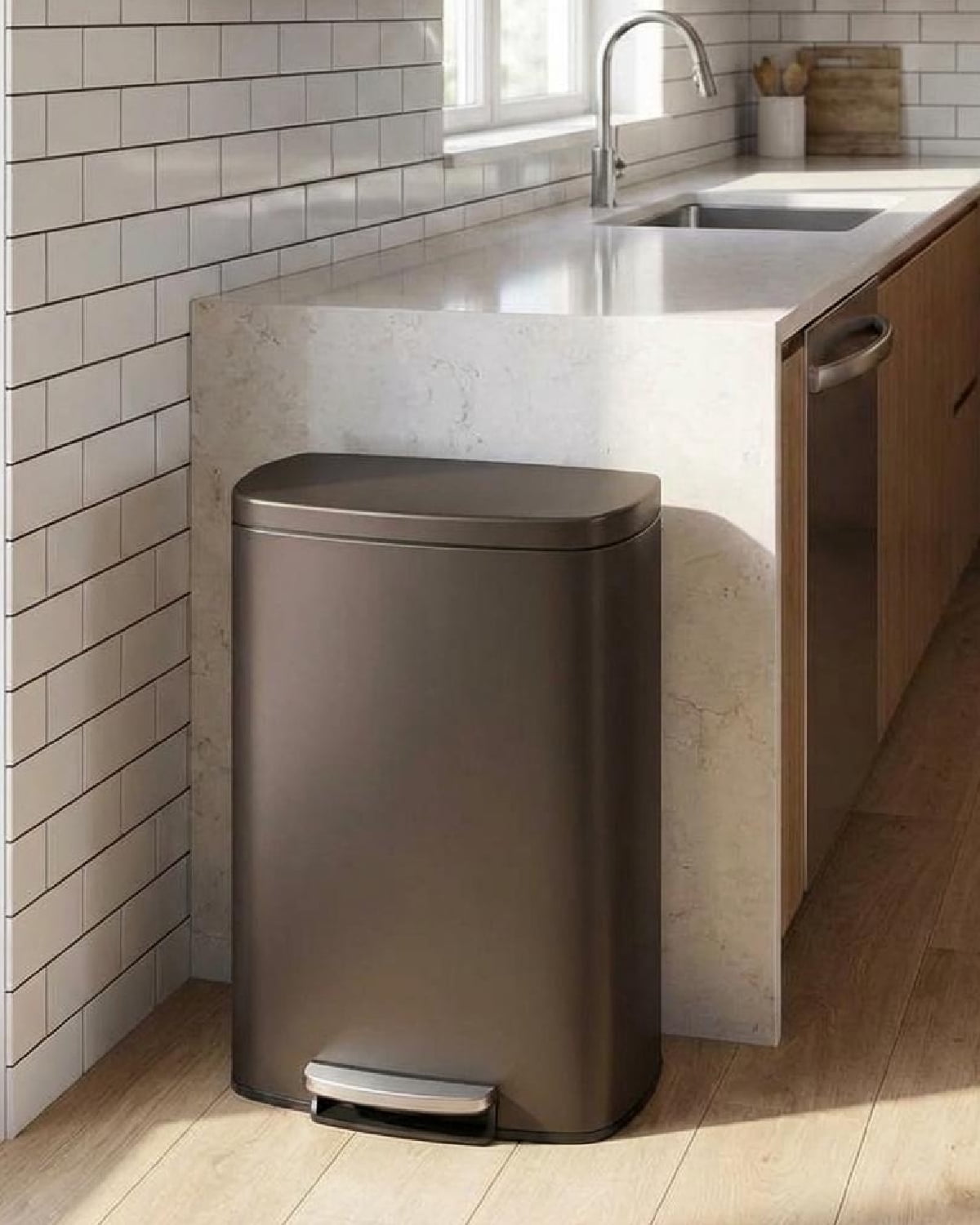 EuKer 13 Gal Stainless Steel Trash Can with Removable Inner Bucket for Kitchen, Bathroom, Brown