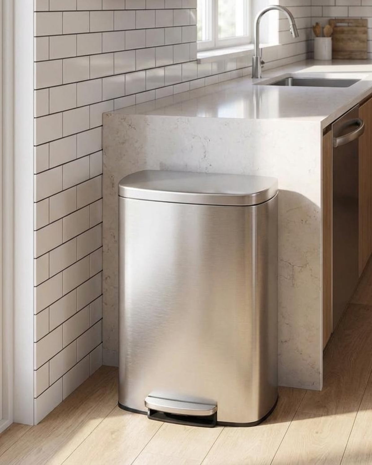 EuKer 13 Gal Stainless Steel Trash Can with Removable Inner Bucket for Kitchen, Bathroom, Silver