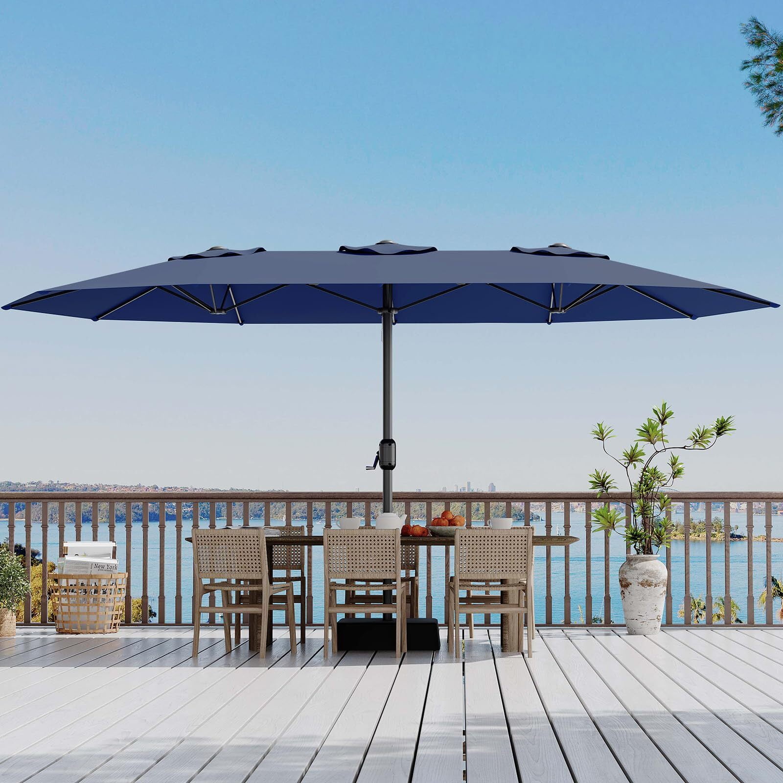 EuKer 15ft Outdoor Umbrella with Base, Large Patio Umbrella W/Crank Handle for Patio Tables, Poolside, Navy Blue