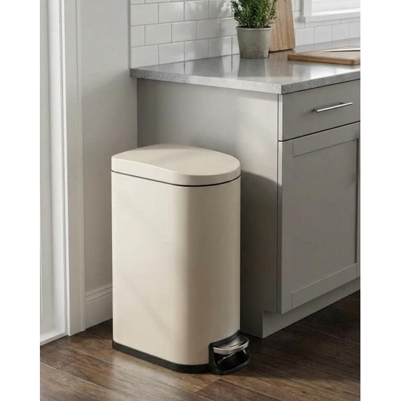 EuKer 2.6 Gal Slim Trash Can, Metal Garbage Can with Removable Inner Bucket and Soft Close Lid for Kitchen, Bathroom, Beige