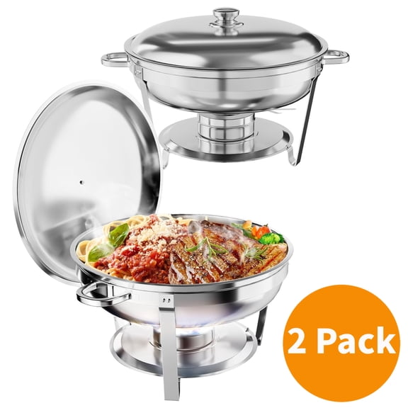 EuKer 2-Pack Food Heating Tray Buffet, 5QT Round Chafing Dish Buffet Set for Catering, Parties, Events, Silver