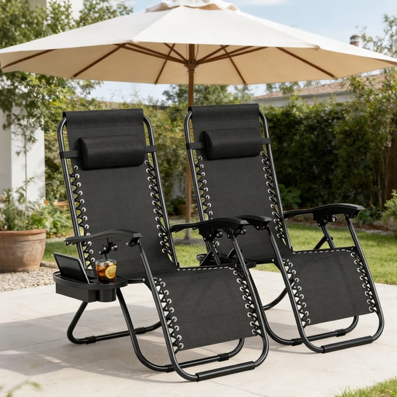 EuKer 2-Pack Outdoor Lounge Chairs, 25.4" Wide Zero-Gravity Chairs with Pillow and Cup Holder Tray for Adults, Black