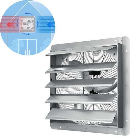 EuKer 24" Wall Mounted Fan, 3837 CFM/1400 RPM Heavy-Duty Ventilation Fan with Auto Aluminum Shutters for Attic, Garage, Silver