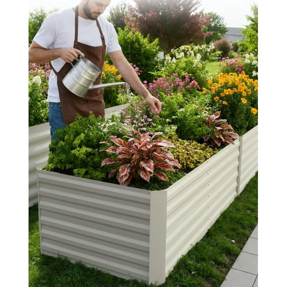 EuKer 2Pack Raised Planter Boxes Outdoor, 8x4x2ft Raised Flower Beds with 350 Gallon Capacity, Beige