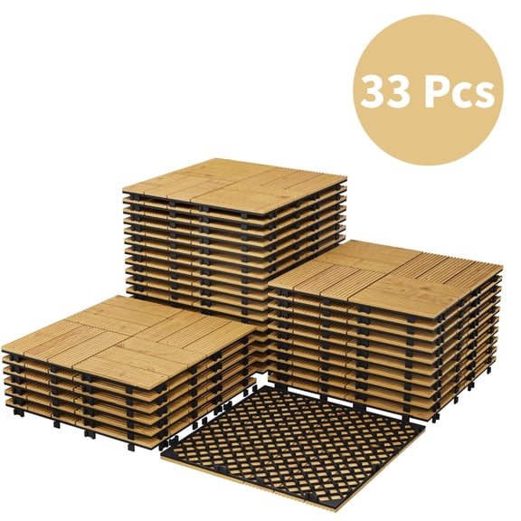 EuKer 33 Pcs Interlocking Deck Tiles, Acacia Wood Flooring for Patio, Balcony, Poolside, Yellow (32 Sq.ft Total Coverage)