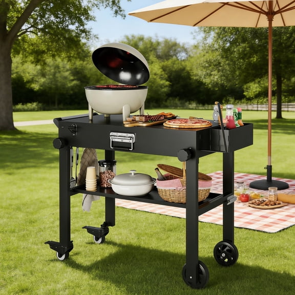 EuKer 38.4" Outdoor Grill Cart, Foldable Grill Table with Wheels and Double-Shelf for Camping, RV, Black
