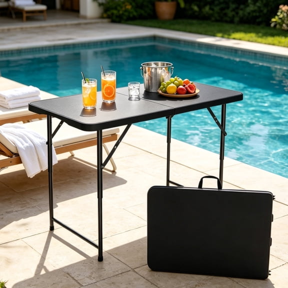 EuKer 4-Foot Folding Camping Table, Portable Picnic Table with 3 Adjustable Height Levels & Carry Handle, 400lbs Load Capacity, Black