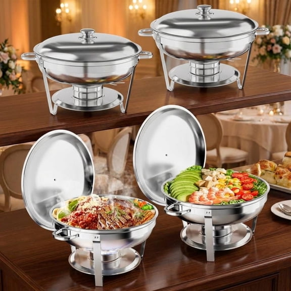 EuKer 4-Pack Food Heating Tray Buffet, 5QT Round Chafing Dish Buffet Set for Catering, Parties, Events, Silver