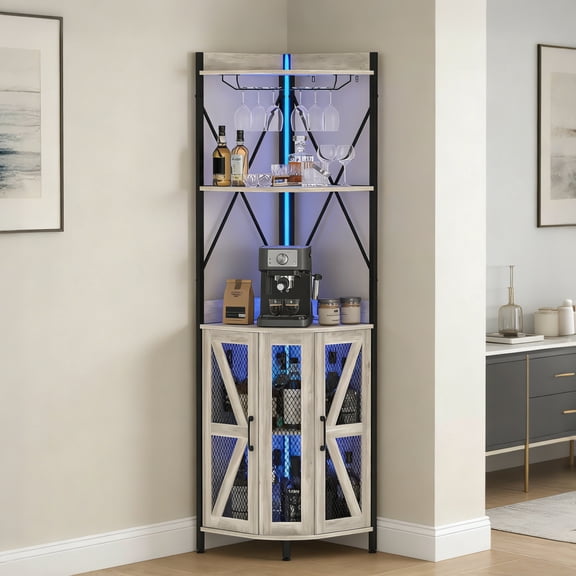 EuKer 5-Tier Corner Bar Cabinet, 71.5" Tall Liquor Cabinet with LED Lights and Power Outlet for Home, Gray