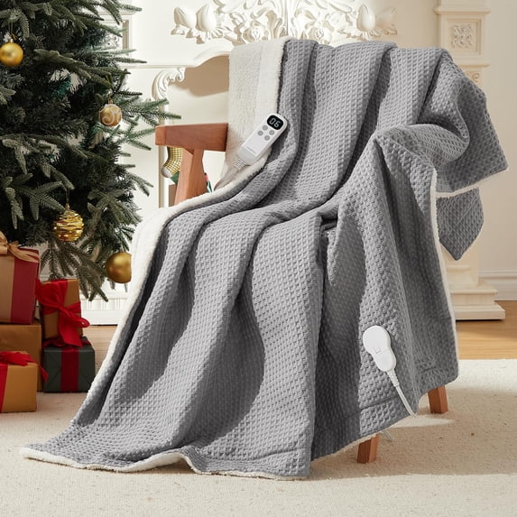 EuKer 50" x 60" Waffle Electric Blanket Washable, Fast Heating Blanket with LCD Handheld Controller for Home, Office, Gray