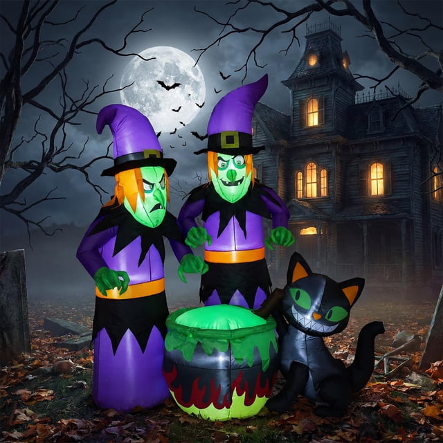 Led Downlights Label EuKer 6ft Halloween Inflatable Decoration, Witches & Black Cat with ...
