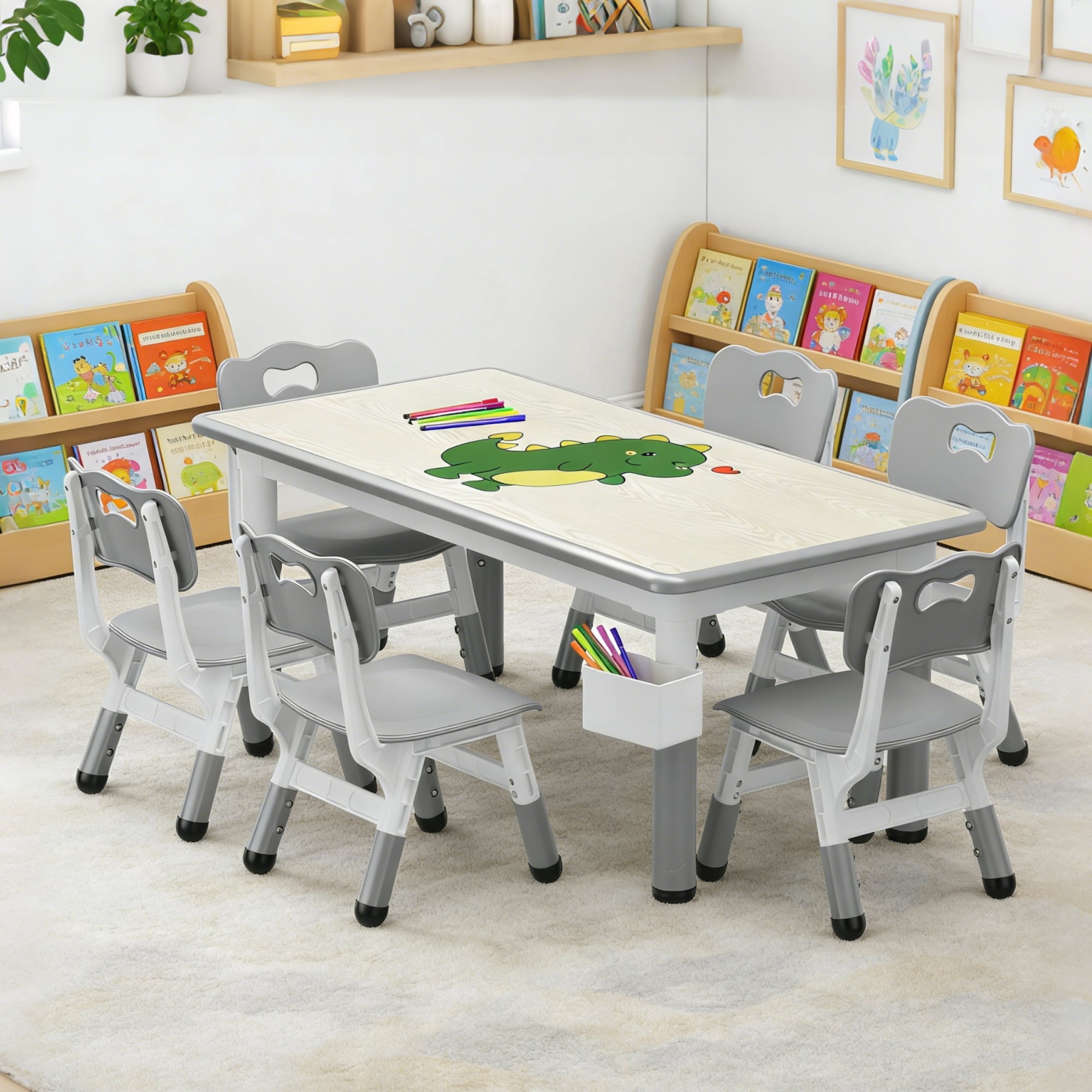 EuKer 7 Pcs Kids Table and Chairs, 47.2" x 23.6" Children Activity Table with Graffiti Desktop and Adjustable Height for Classroom, Daycare, Home, Gray