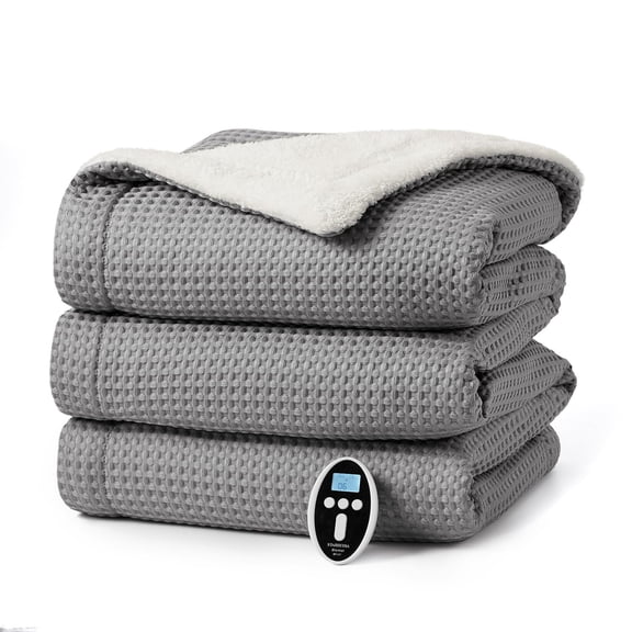 EuKer 90" x 100" Waffle Electric Blanket Washable, Fast Heating Blanket with Wireless Control for Home, Office, Gray